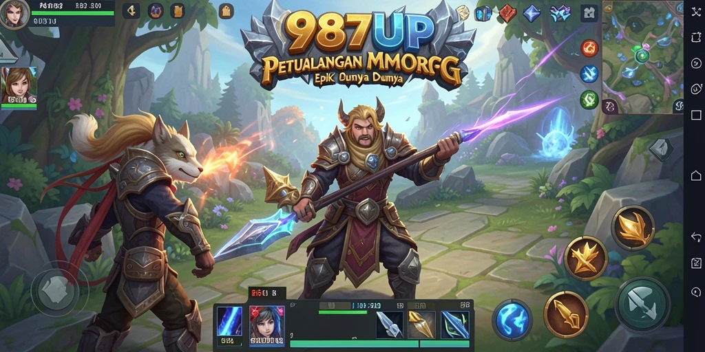 Screenshot gameplay 987UP yang menunjukkan pertarungan seru di dunia MMORPG.
