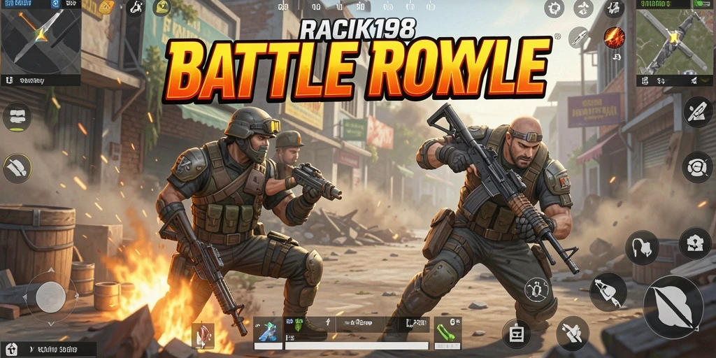 Tampilan seru gameplay Battle Royale RACIK198 dengan pertempuran mendebarkan.