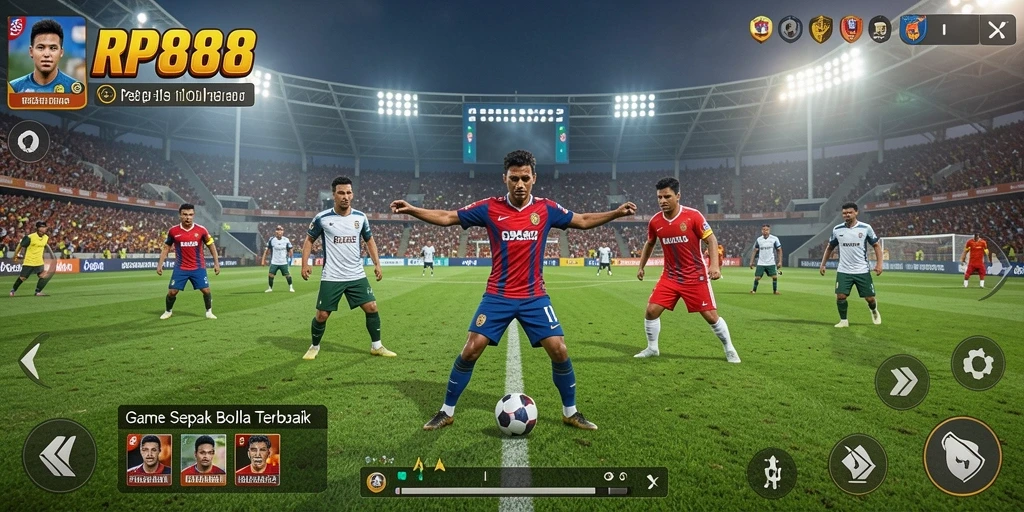 Screenshot RP888 menampilkan aksi pertandingan sepak bola yang seru.